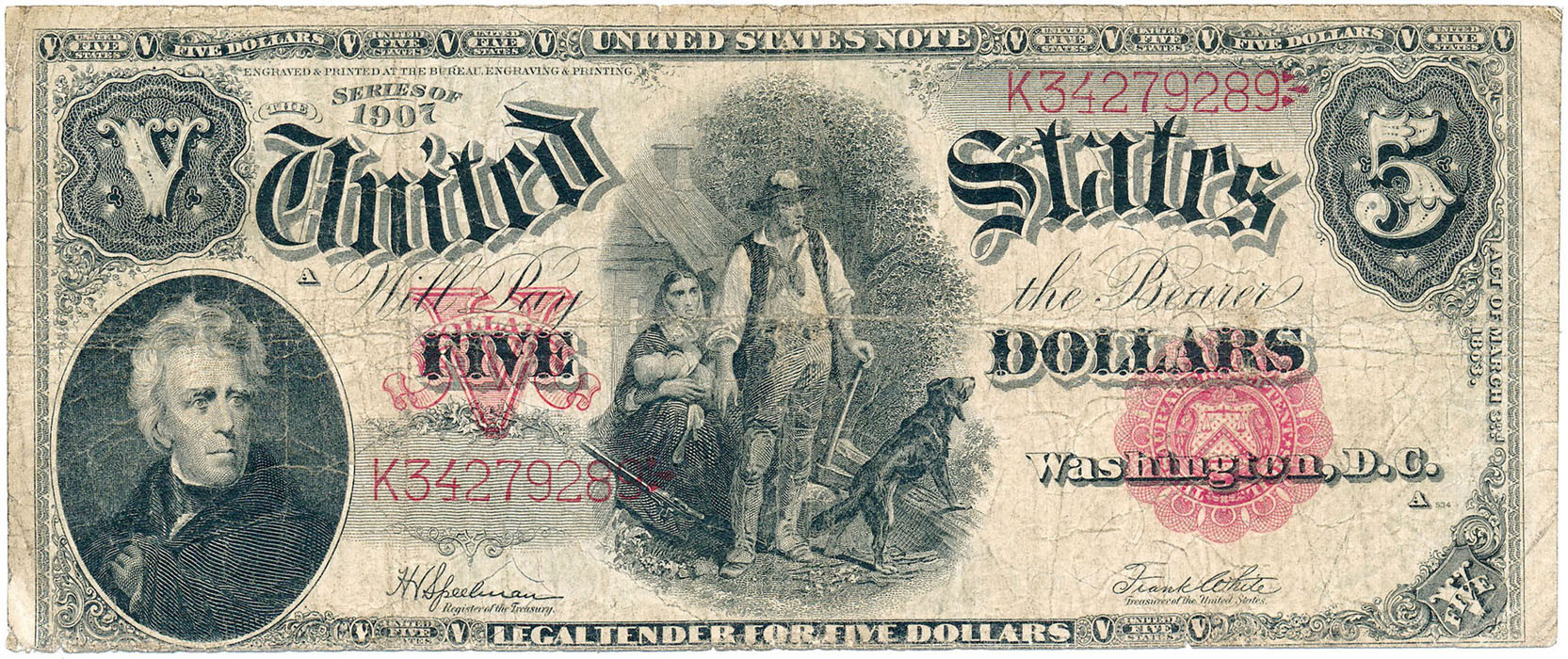 USA. 5 dolarów 1907 Legal Tender, Large size, seria K